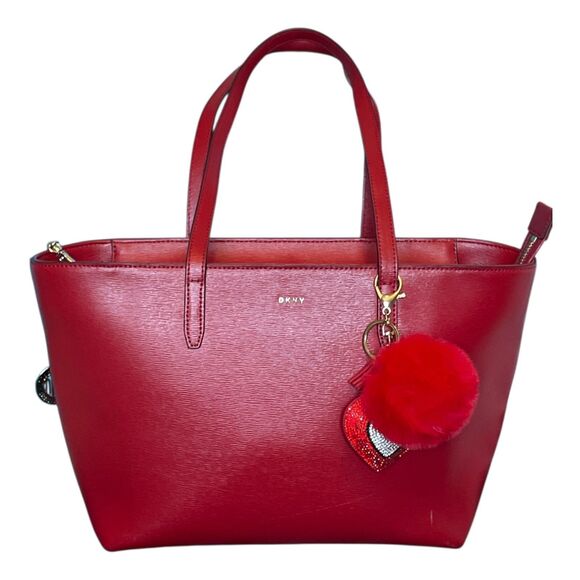 DKNY Red Structured Leather Tote Bag with Charm – Gold Hardware – Classic Logo - Picture 1 of 2